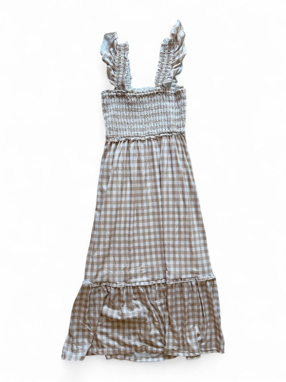 Smocked Gingham Maxi Dress in Beige and White